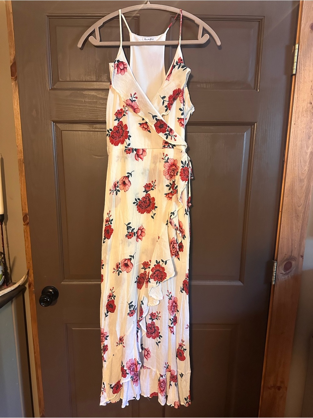 love, Fire Cream Maxi Dress with Red Floral Print